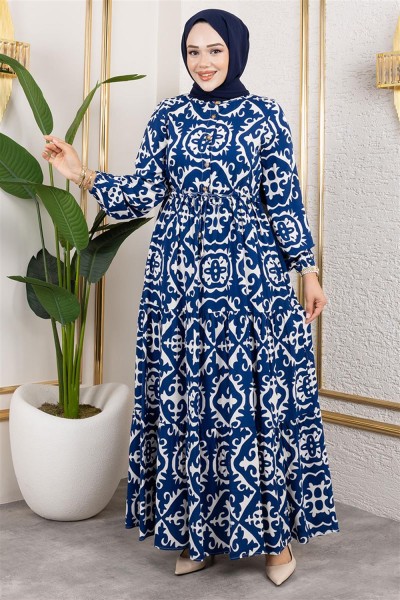 Etnik Desenli Viskon Elbise MAVİ - Thumbnail