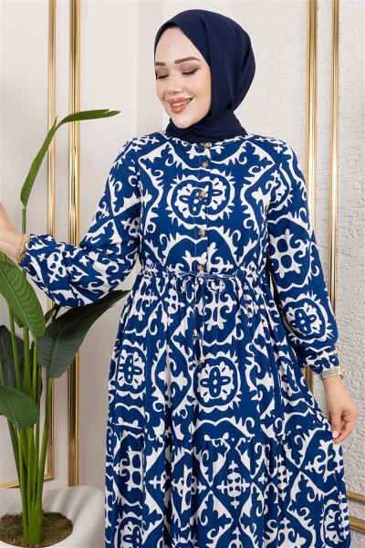 Etnik Desenli Viskon Elbise MAVİ - Thumbnail