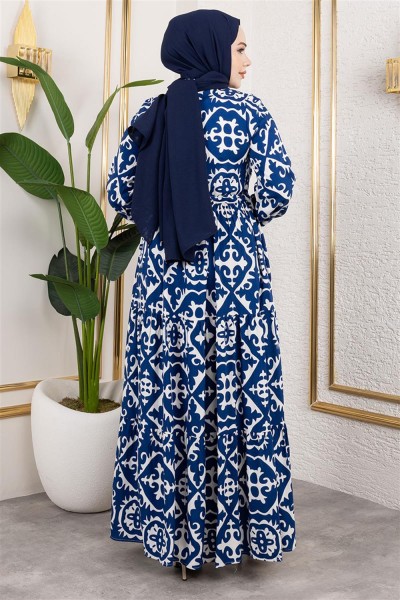 Etnik Desenli Viskon Elbise MAVİ - Thumbnail