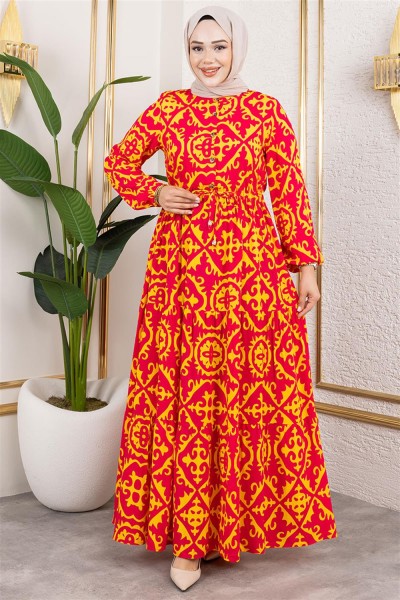 Etnik Desenli Viskon Elbise SARI - Thumbnail