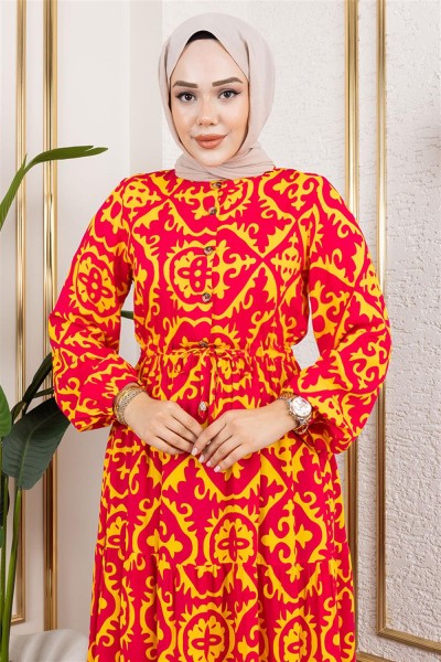 Etnik Desenli Viskon Elbise SARI - Thumbnail