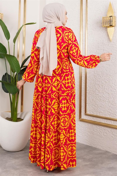 Etnik Desenli Viskon Elbise SARI - Thumbnail