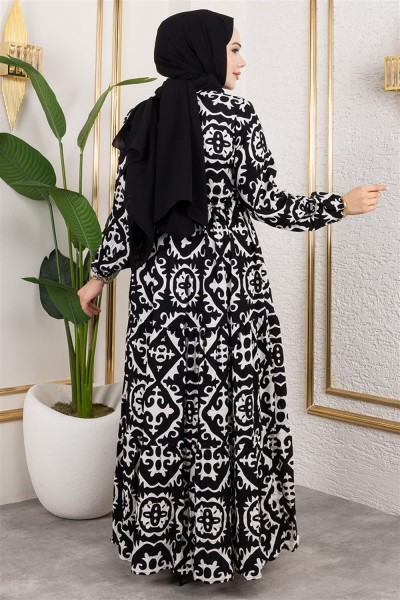Etnik Desenli Viskon Elbise SİYAH - Thumbnail