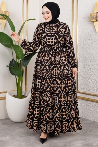 Etnik Desenli Viskon Elbise VİZON - Thumbnail