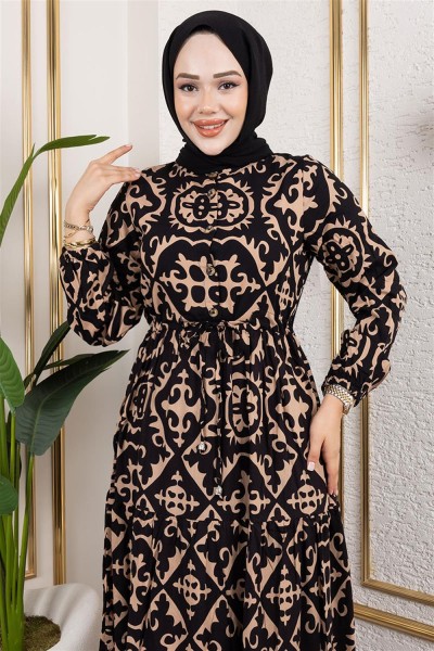 Etnik Desenli Viskon Elbise VİZON - Thumbnail