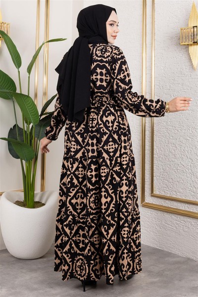 Etnik Desenli Viskon Elbise VİZON - Thumbnail