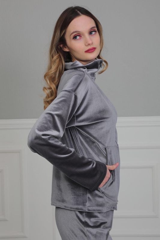 Fermuarlı Cep Detay Kadife Sweatshirt,SW-2 Gri - 4