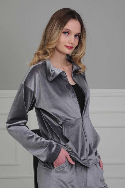 Fermuarlı Cep Detay Kadife Sweatshirt,SW-2 Gri - 2