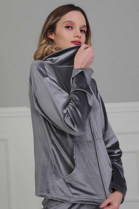 Fermuarlı Cep Detay Kadife Sweatshirt,SW-2 Gri - 3