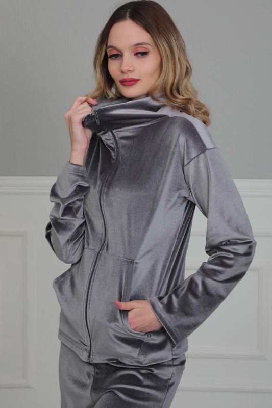 Fermuarlı Cep Detay Kadife Sweatshirt,SW-2 Gri - 5