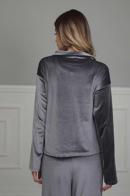 Fermuarlı Cep Detay Kadife Sweatshirt,SW-2 Gri - 7