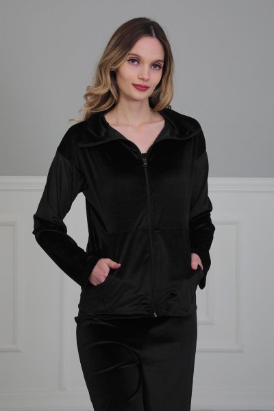Moda Çizgi - Fermuarlı Cep Detay Kadife Sweatshirt,SW-2 Siyah