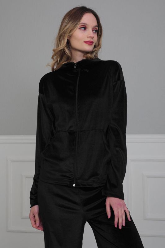 Fermuarlı Cep Detay Kadife Sweatshirt,SW-2 Siyah - 2