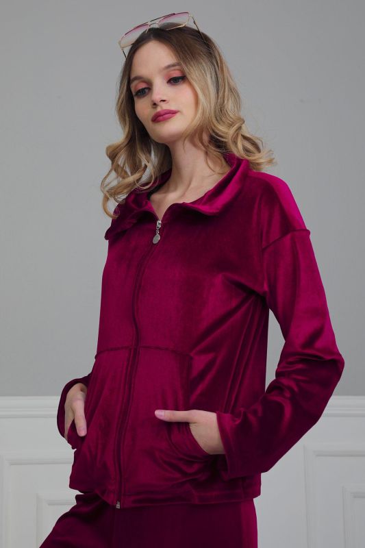Fermuarlı Cep Detay Kadife Sweatshirt,SW-2 Vişne Çürüğü - 3