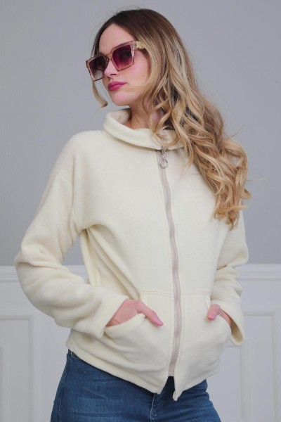 Zippered Pocket Fleece Sweatshirt,SW-4 Cream - Thumbnail