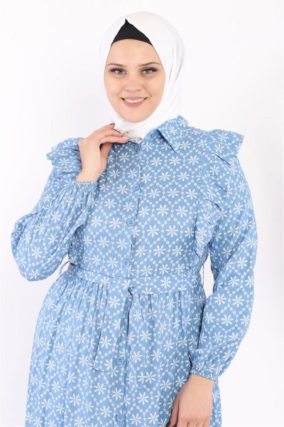 Moda Pinhan - Fırfır Detaylı Tesettür Elbise İndigo