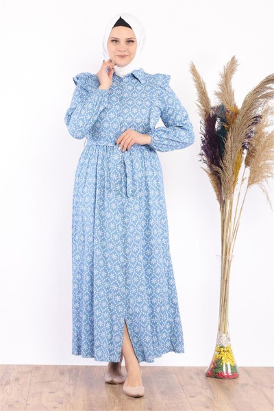 Fırfır Detaylı Tesettür Elbise İndigo - Thumbnail