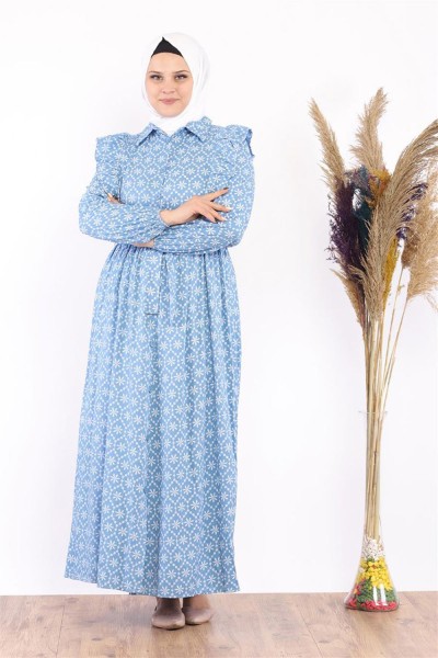 Fırfır Detaylı Tesettür Elbise İndigo - Thumbnail