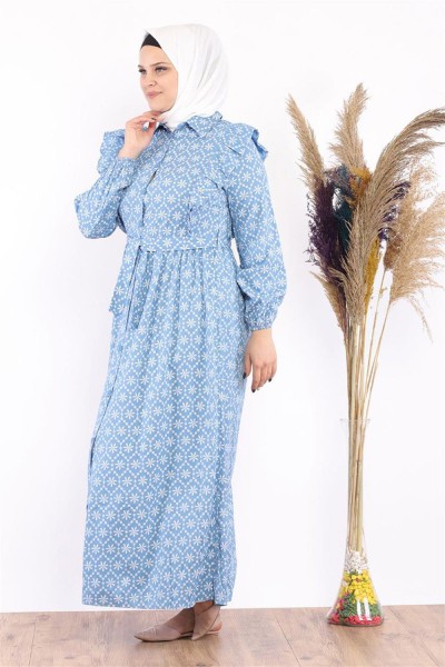 Fırfır Detaylı Tesettür Elbise İndigo - Thumbnail