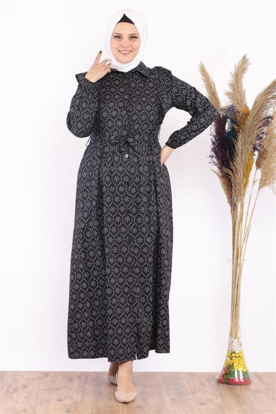 Moda Pinhan - Fırfır Detaylı Tesettür Elbise Siyah