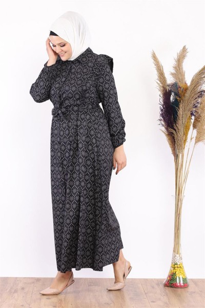 Fırfır Detaylı Tesettür Elbise Siyah - Thumbnail