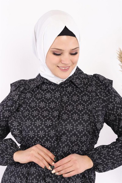 Fırfır Detaylı Tesettür Elbise Siyah - Thumbnail