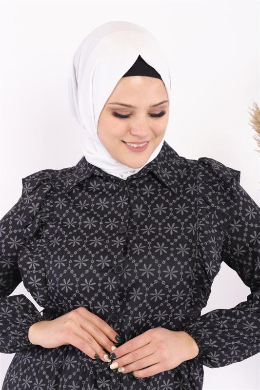 Fırfır Detaylı Tesettür Elbise Siyah - 3