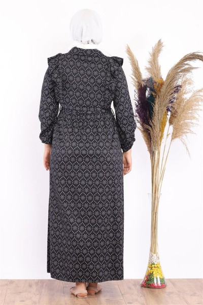 Fırfır Detaylı Tesettür Elbise Siyah - Thumbnail