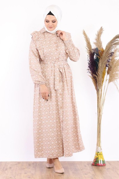 Fırfır Detaylı Tesettür Elbise Vizon - Thumbnail