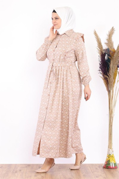 Fırfır Detaylı Tesettür Elbise Vizon - Thumbnail