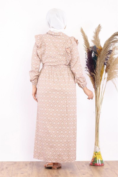 Fırfır Detaylı Tesettür Elbise Vizon - Thumbnail