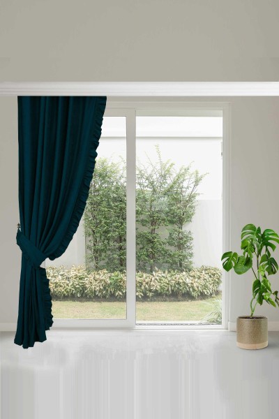 Moda Çizgi - Ruffle Border Background Curtain Left Side 245x140 cm, PR-2SOL Petrol Blue