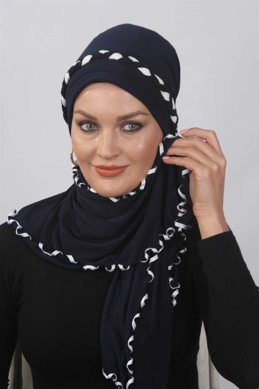 Ruffled Ready-made Shawl Navy Blue - 2