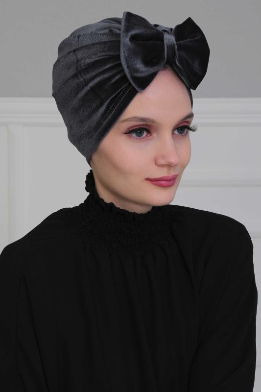 Bow Velvet Bonnet,B-27K Anthracite - 3