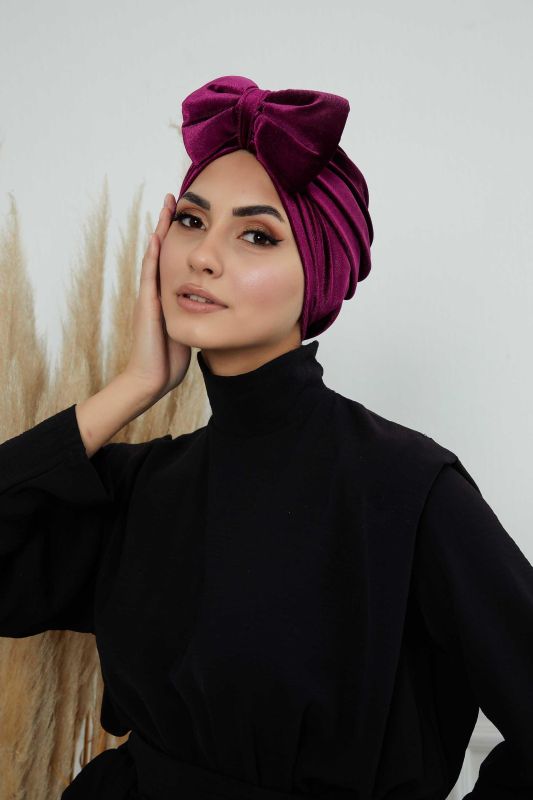 Bow Velvet Bonnet,B-27K Purple - 3