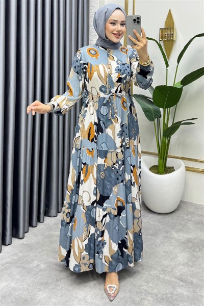 SGS - Flora Desenli Viskon Elbise ANTRASİT