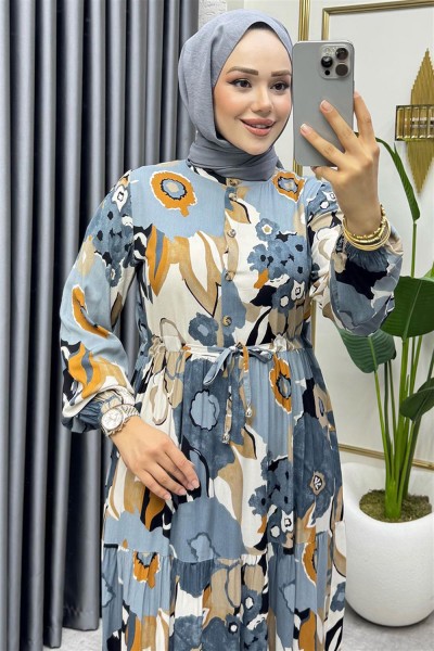 Flora Desenli Viskon Elbise ANTRASİT - Thumbnail