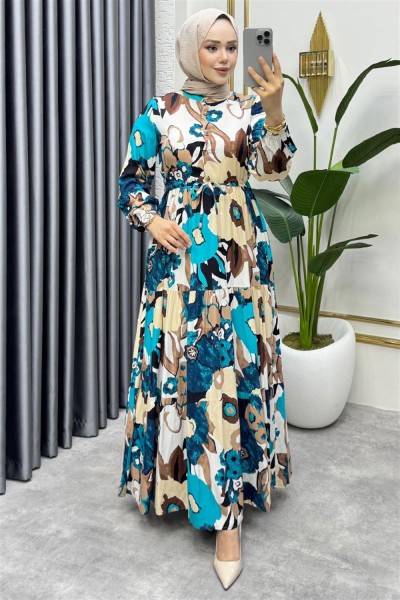 SGS - Flora Desenli Viskon Elbise PETROL