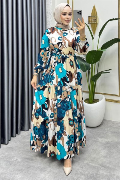 Flora Desenli Viskon Elbise PETROL - Thumbnail