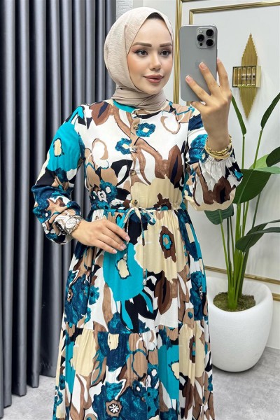 Flora Desenli Viskon Elbise PETROL - Thumbnail
