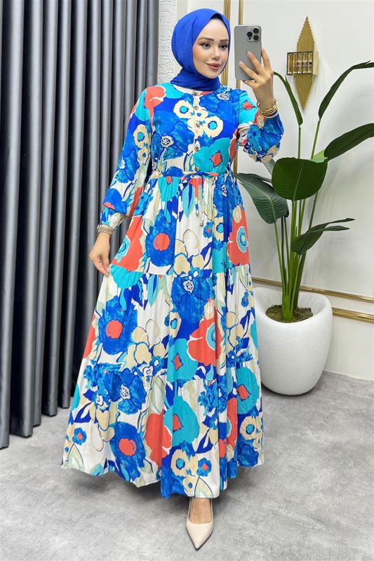 Flora Desenli Viskon Elbise SAKS MAVİSİ - 1