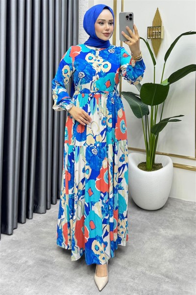 Flora Desenli Viskon Elbise SAKS MAVİSİ - Thumbnail