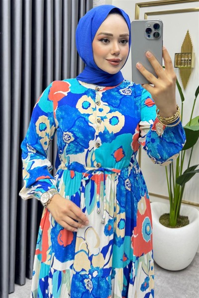 Flora Desenli Viskon Elbise SAKS MAVİSİ - Thumbnail