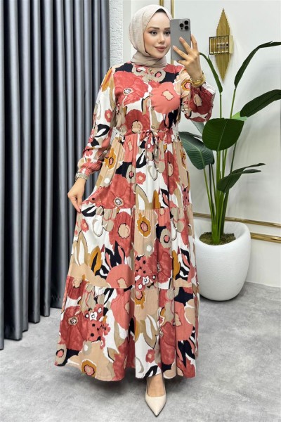 SGS - Flora Desenli Viskon Elbise SOMON