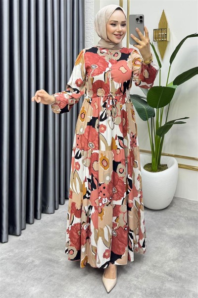 Flora Desenli Viskon Elbise SOMON - Thumbnail