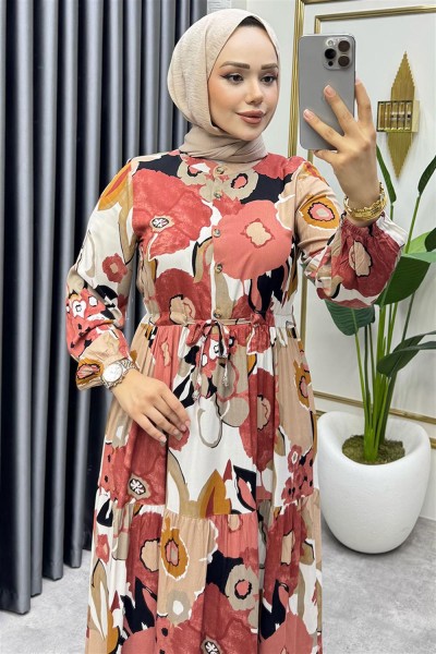 Flora Desenli Viskon Elbise SOMON - Thumbnail