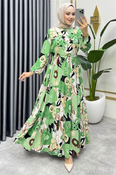 SGS - Flora Desenli Viskon Elbise YEŞİL