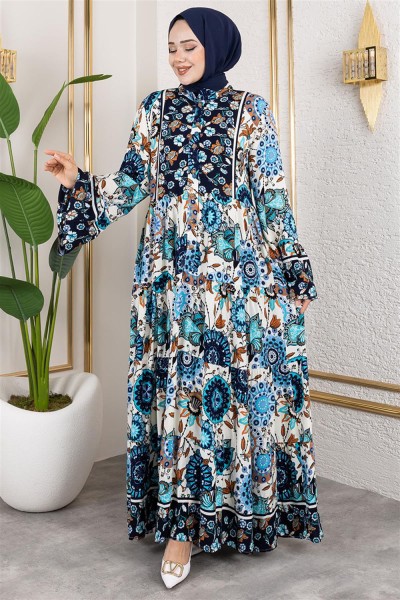 Geniş Kol Tesettür Elbise LACİVERT - Thumbnail