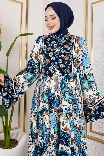 Geniş Kol Tesettür Elbise LACİVERT - Thumbnail