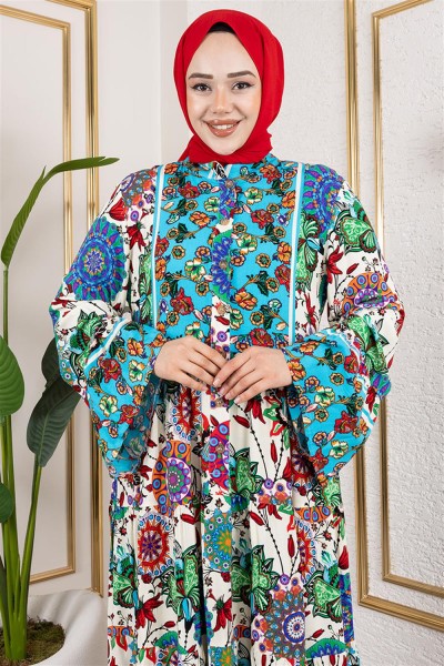 Geniş Kol Tesettür Elbise MAVİ - Thumbnail